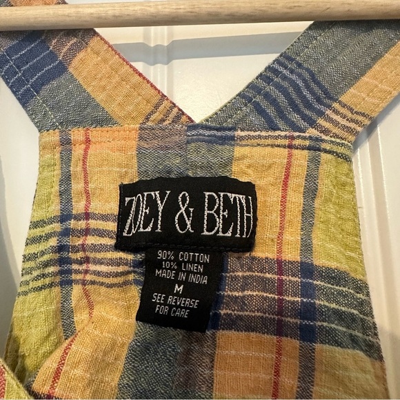 Vintage Overall Dress Plaid 1990s Casual Cotton Linen Summer Fun Size Medium - Picture 5 of 6